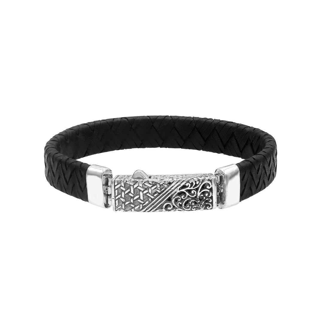 AB-1174-LT-BLK-7" Sterling Silver Bracelet With Black Leather Jewelry Bali Designs Inc 